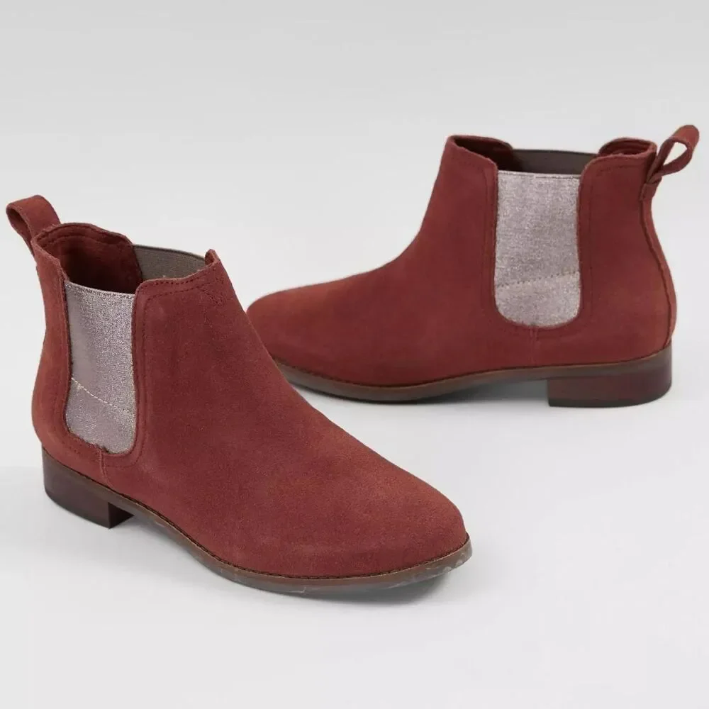 TOMS Ella Suede Ankle Chelsea Boot Hibiscus Burned Red Burgundy US 8 EUC